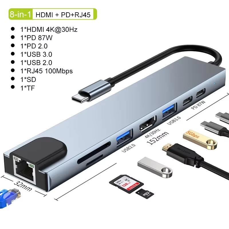 Usb 8 in 1 Type C 3 1 to 4K Hdtv Hub Adapter with Sd Tf Rj45 Card Reader Pd Fast Charge for Macbook Notebook Computer