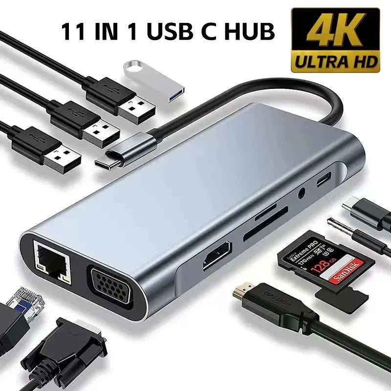 Usb 8 in 1 Type C 3 1 to 4K Hdtv Hub Adapter with Sd Tf Rj45 Card Reader Pd Fast Charge for Macbook Notebook Computer
